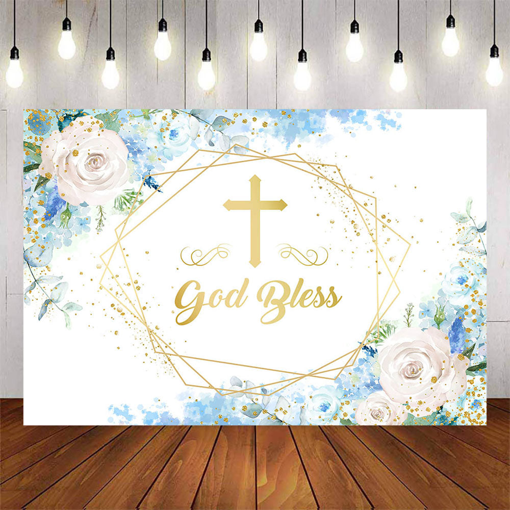 Mocsicka God Bless Gold Cross and Flowers Baby Shower Backdrop-Mocsicka Party