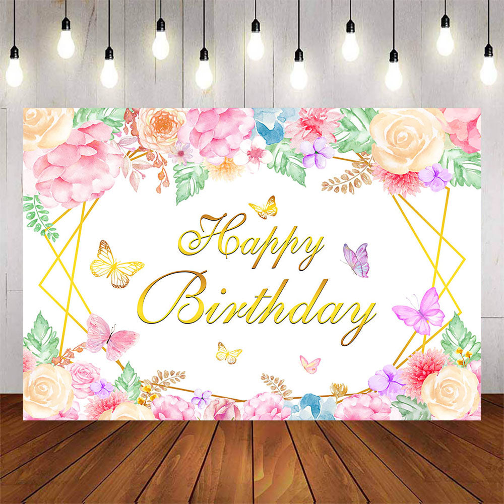 Mocsicka Flowers and Butterfly Happy Birthday Backdrop-Mocsicka Party