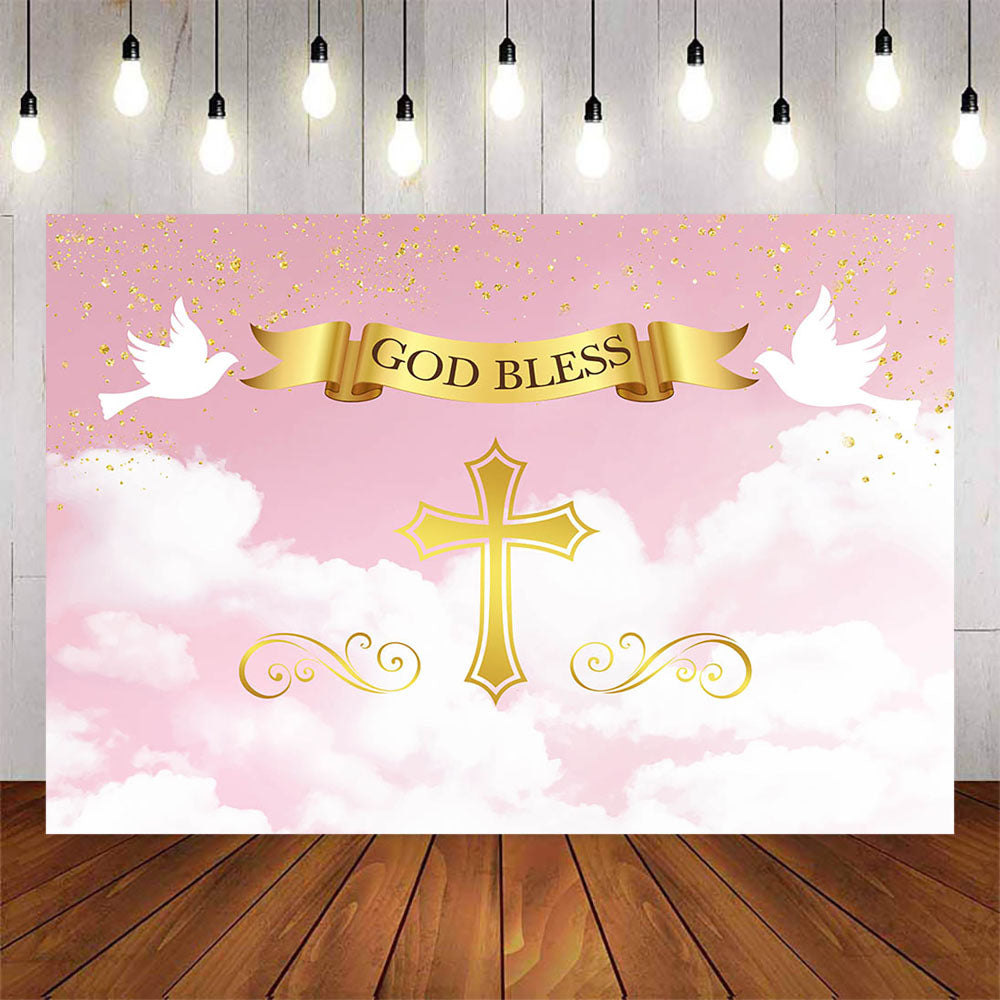 Mocsicka White Dove Gold Cross God Bless Baby Shower Background-Mocsicka Party