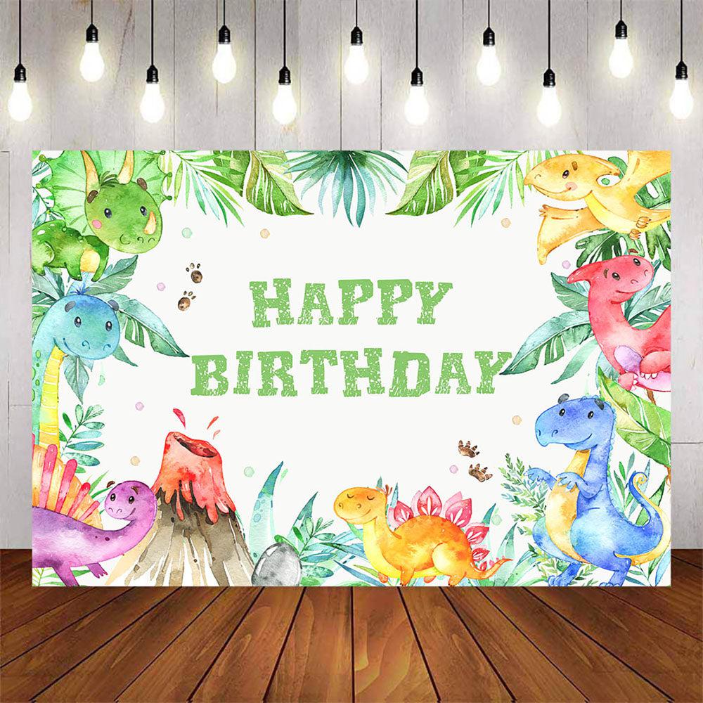 Mocsicka Plam Leaves and Baby Dinosaur Happy Birthday Backdrop-Mocsicka Party