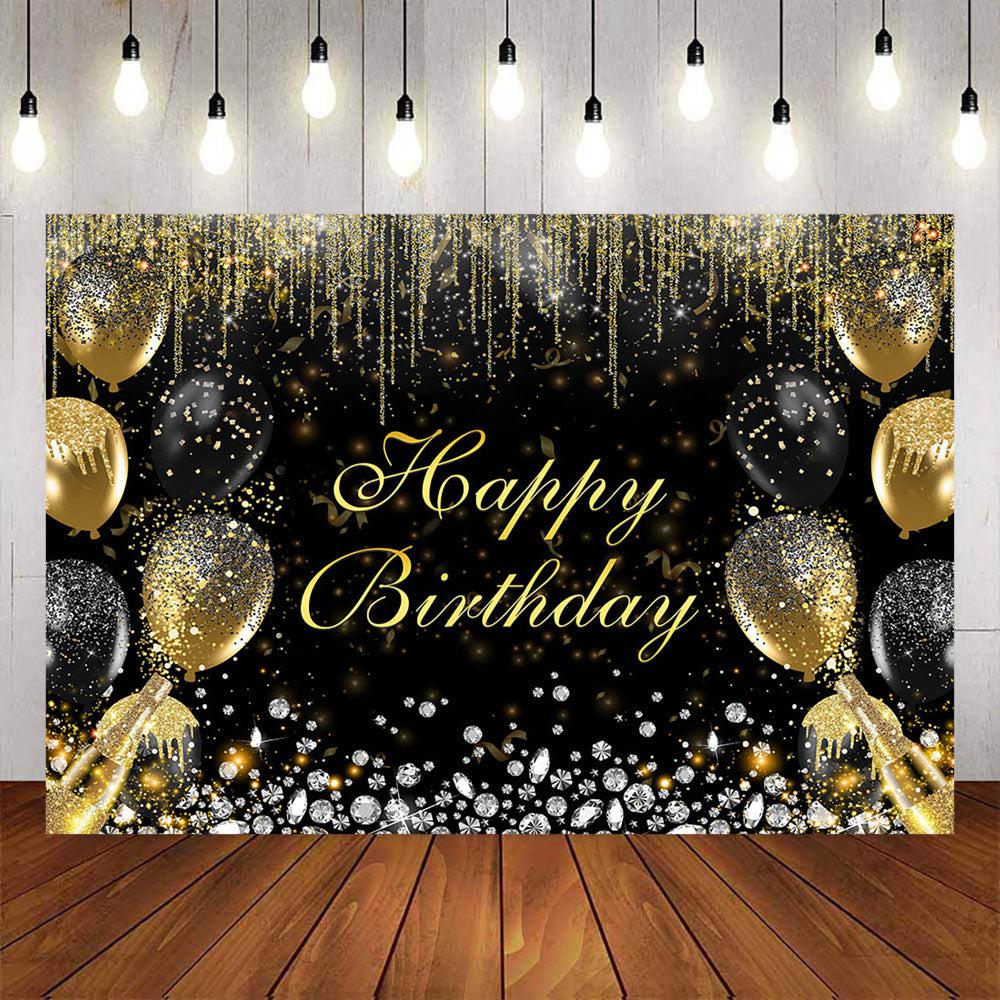 Mocsicka Black Gold Balloons and Diamonds Happy Birthday Backdrop