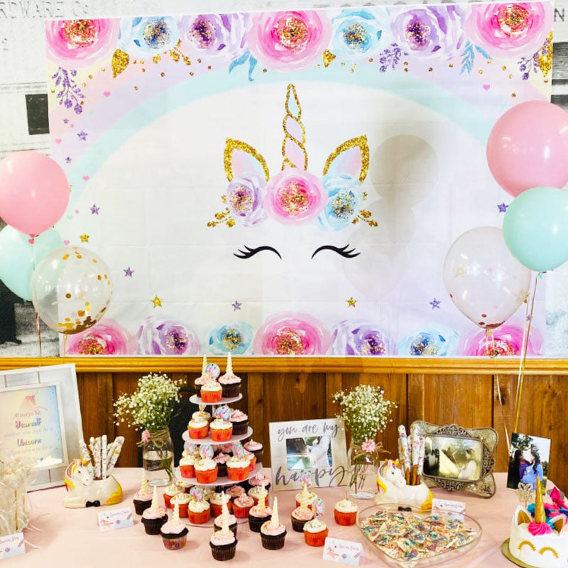Mocsicka Unicorn Baby Shower Backdrop Rainbow and Flowers Birthday Party Prop-Mocsicka Party