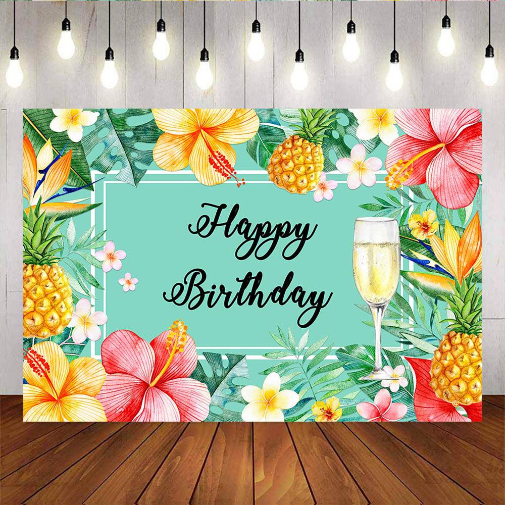 Mocsicka Happy Birthday Backdrop Hawaii Floral Champagne Background-Mocsicka Party