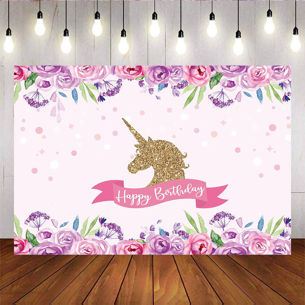 Mocsicka Golden Unicorn Happy Birthday Party Supplies Pink Purple Flowers Backdrops-Mocsicka Party