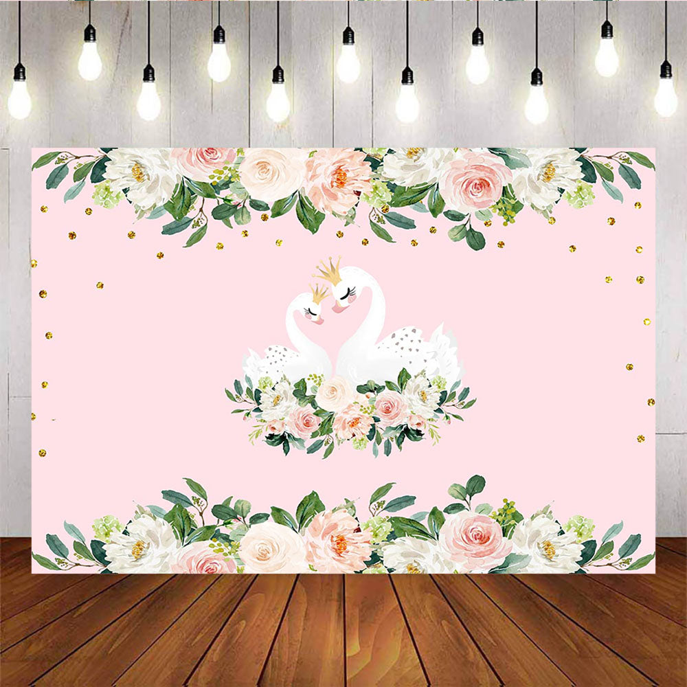 Mocsicka White Swan Baby Shower Backdrop Golden Dots Spring Flowers Background-Mocsicka Party