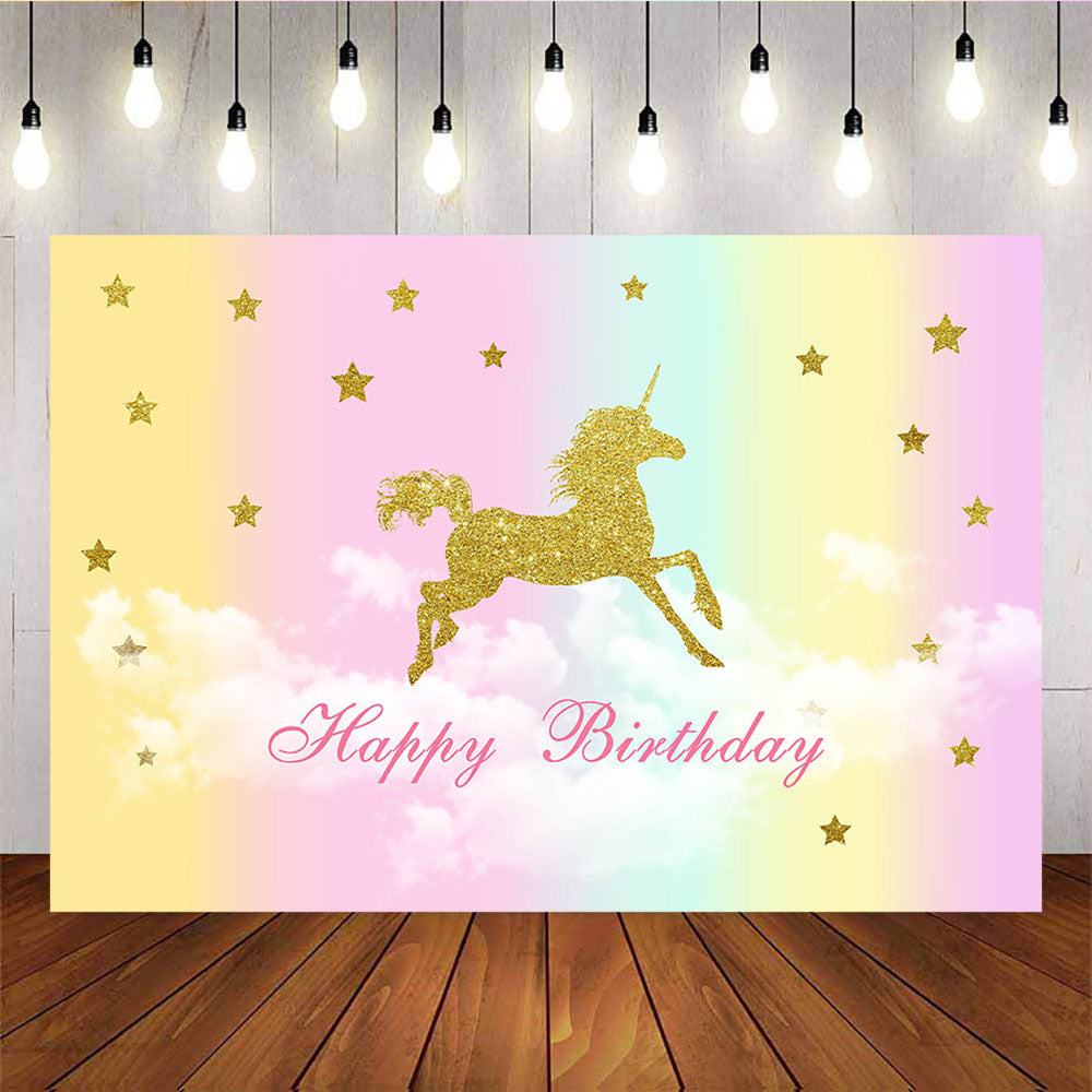 Mocsicka Golden Unicorn and Stars Sky Background Happy Birthday Party Banners-Mocsicka Party
