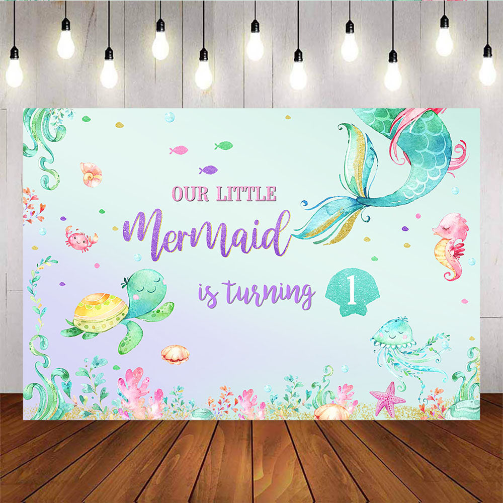 Mocsicka Little Mermaid Turning One Birthday Backdrop Undersea Landscape Background-Mocsicka Party