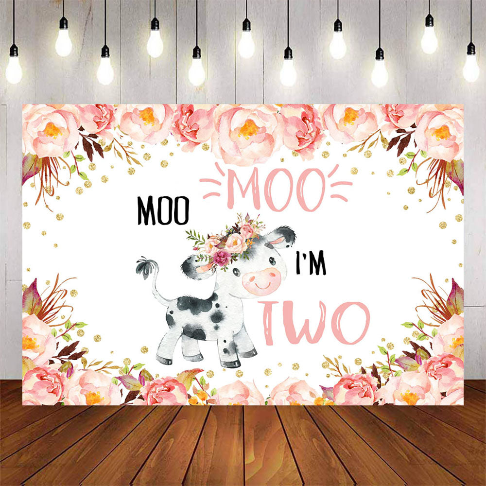 Mocsicka Pink Flowers and Little Cow Happy Birthday Backdrop-Mocsicka Party