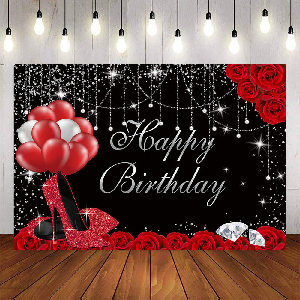 Mocsicka Red Rose and High Heels Dismonds Happy Birthday Backdrop-Mocsicka Party