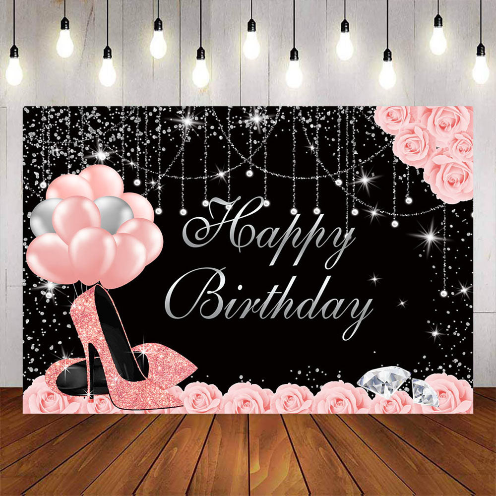 Mocsicka Pink Rose and High Heels Dismonds Happy Birthday Backdrop-Mocsicka Party