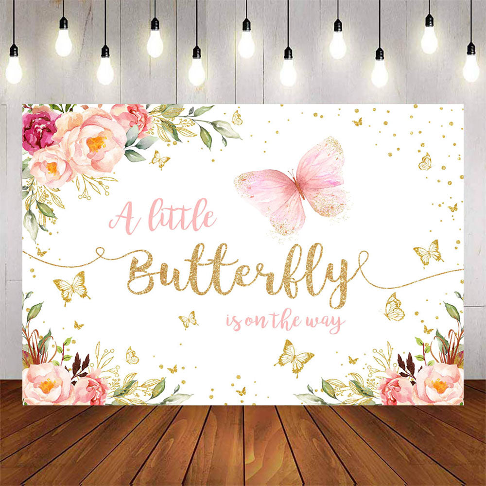 Mocsicka Butterfly and Pink Flowers Baby Shower Backdrop-Mocsicka Party
