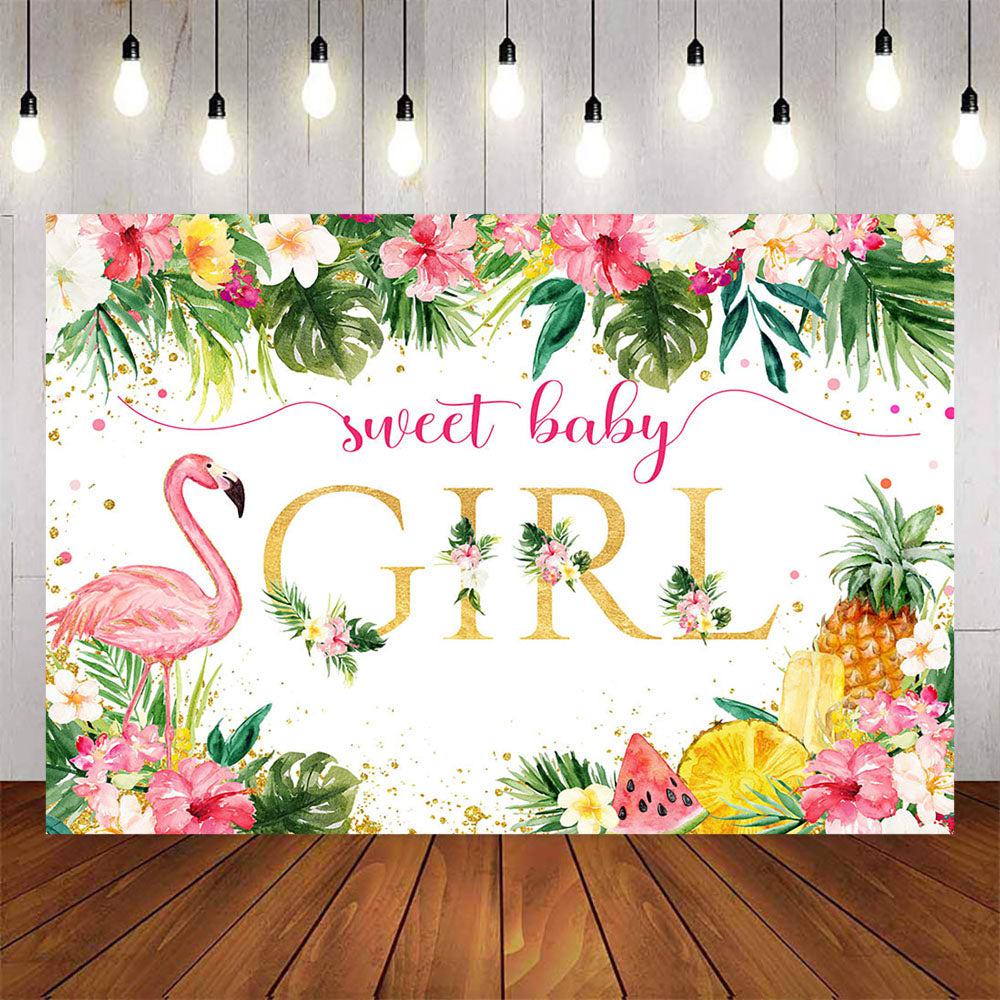 Mocsicka Hawaii Flowers and Flamingo Baby Shower Backdrop-Mocsicka Party