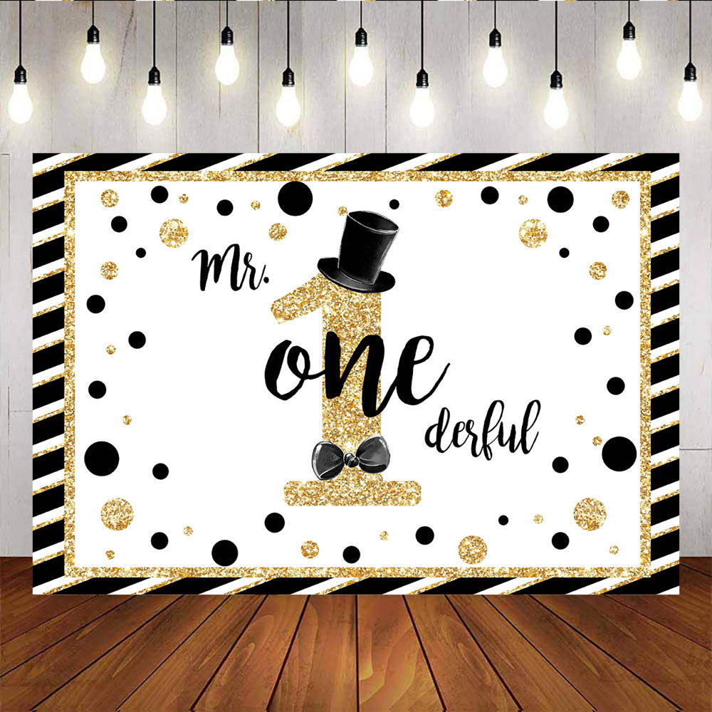 Mocsicka Gentleman Happy 1st Birthday Decor Prop Black Gold Stripes and Dots Background-Mocsicka Party