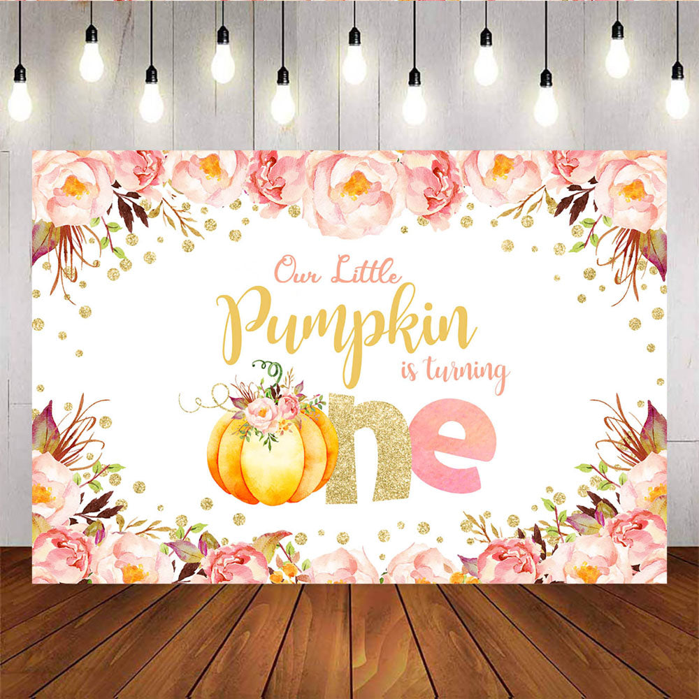 Mocsicka Little Pumpkin Gold Dots and Flowers First Birthday Party Backdrops-Mocsicka Party