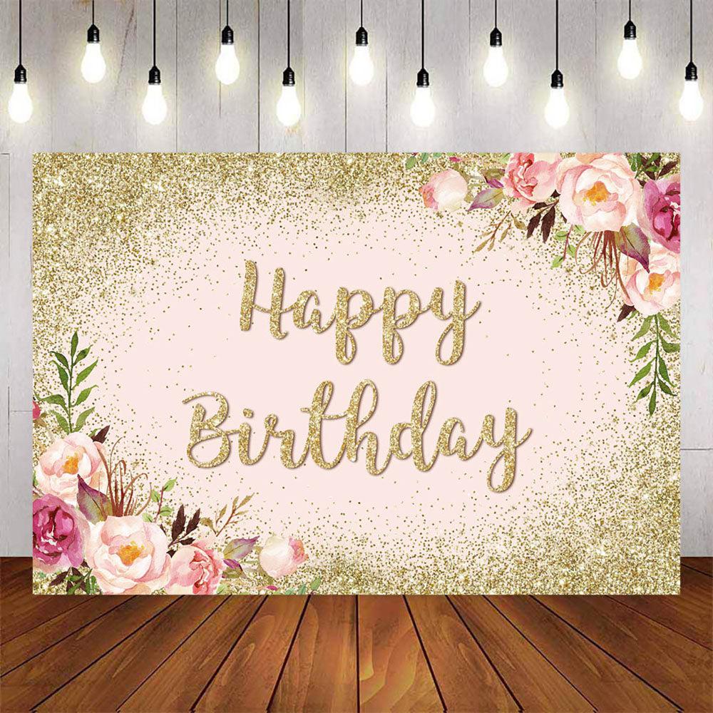 Mocsicka Golden Dots and Flowers Happy Birthday Backdrop-Mocsicka Party