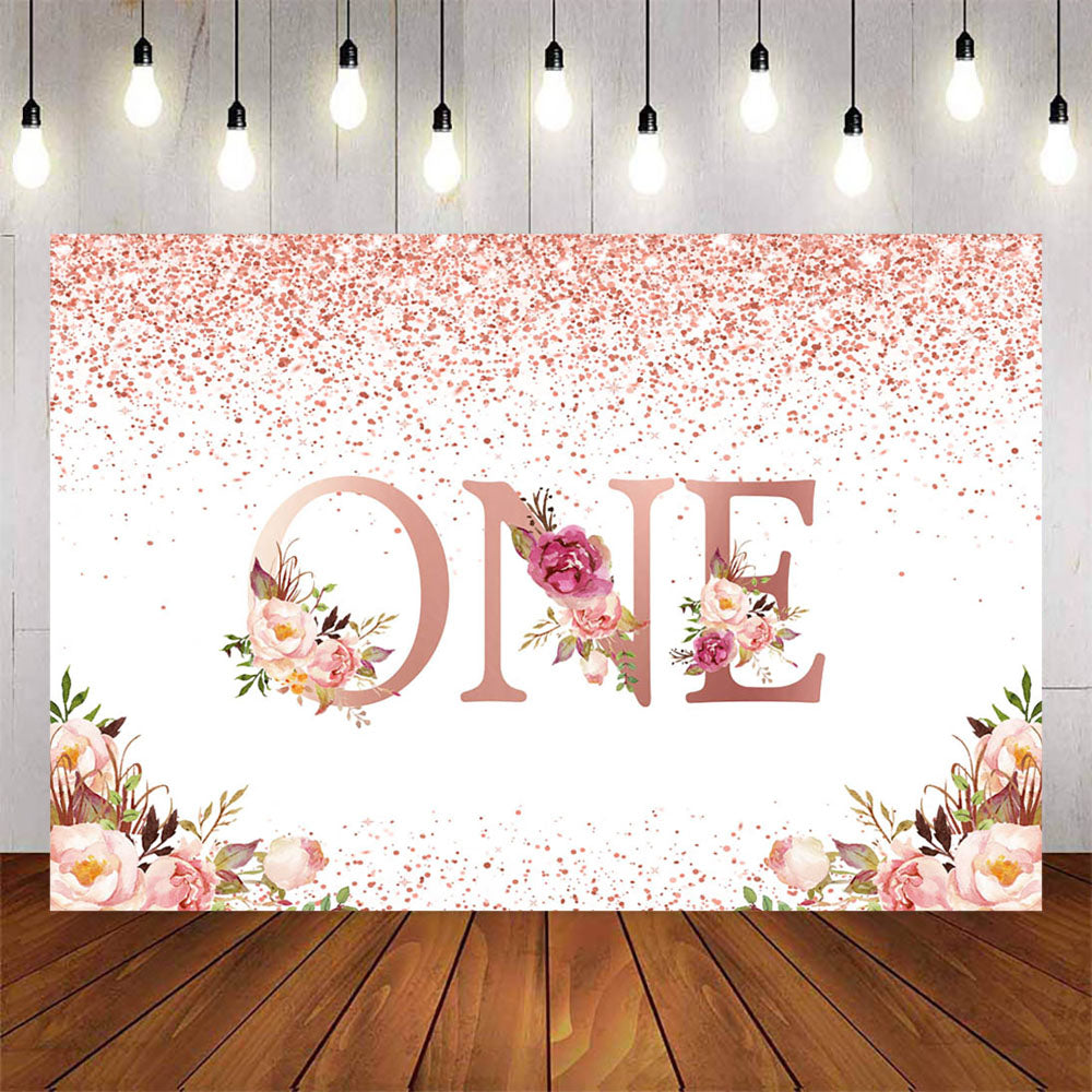 Mocsicka One Theme Pink Flowers Happy First Birthday Backdrop-Mocsicka Party