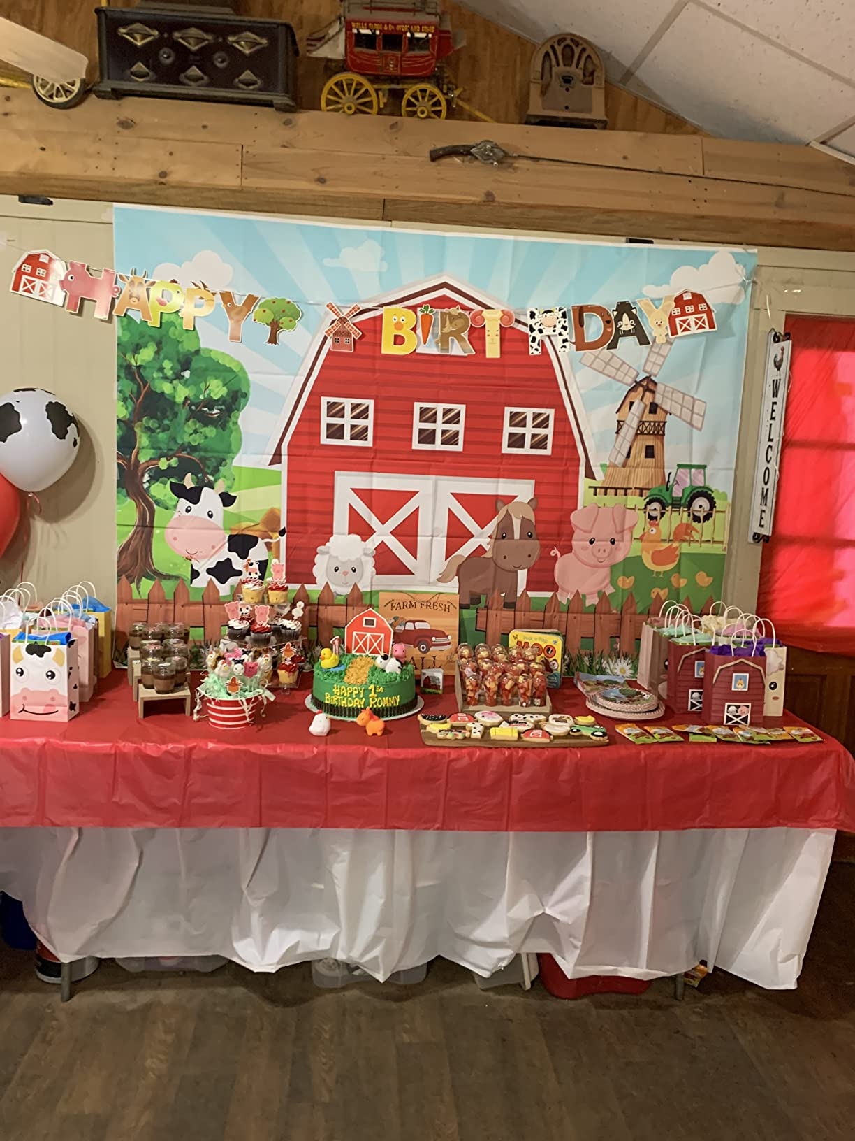 Mocsicka Red Barn Windmill Fence Happy Birthday Backdrop