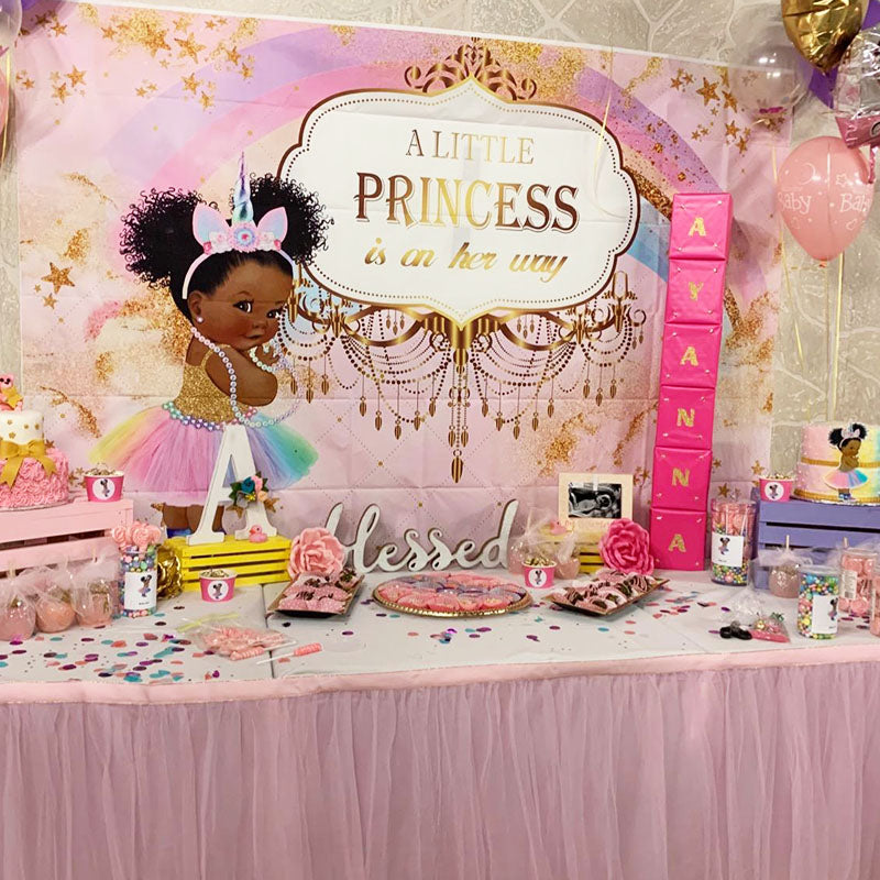 Mocsicka Unicorn Princess on Her Way Backdrop Gold Stars Baby Shower Backdrops-Mocsicka Party
