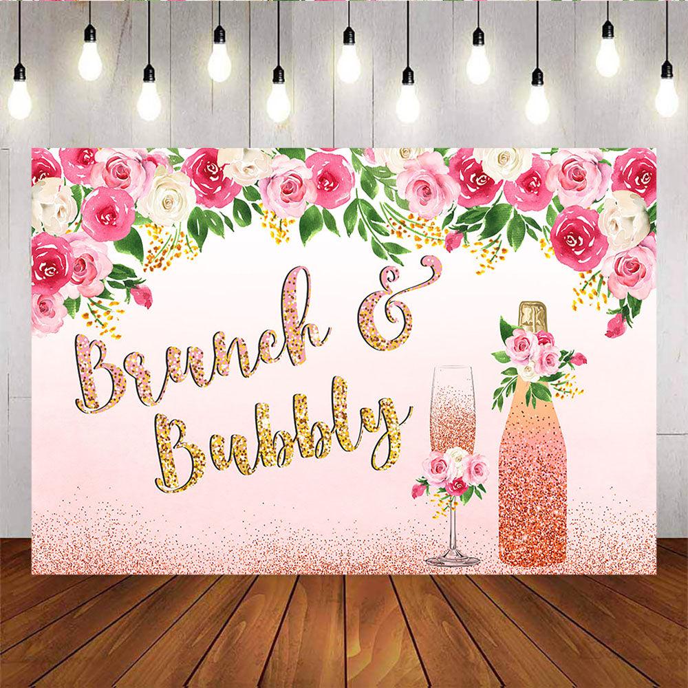 Mocsicka Rose Gold Champagne Pink Flowers Backdrop Happy Birthday Party Props-Mocsicka Party