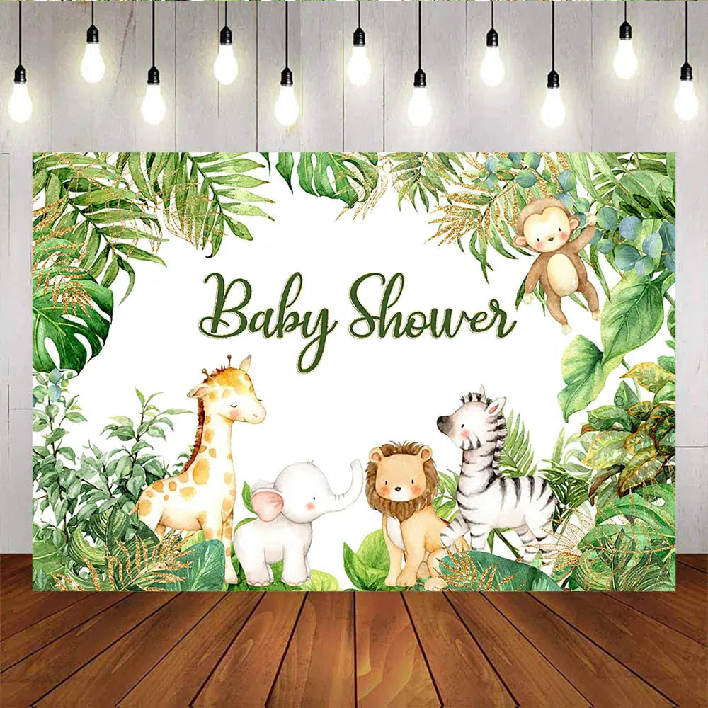 Mocsicka Safari Baby Shower Backdrop Plam Leaves Little Animals Background and Balloon kit