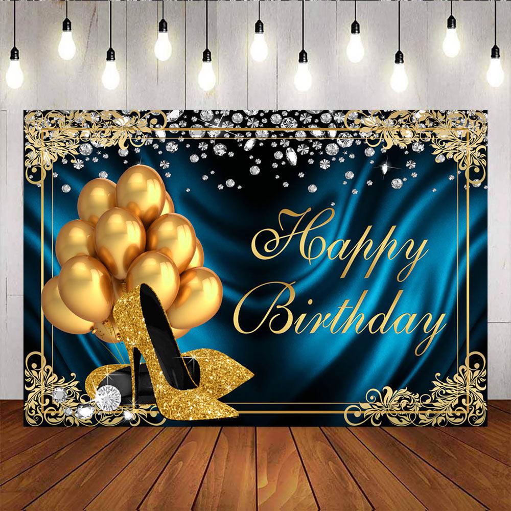 Mocsicka Happy Birthday Golden Champagne High Heels and Diamonds Backdrop-Mocsicka Party
