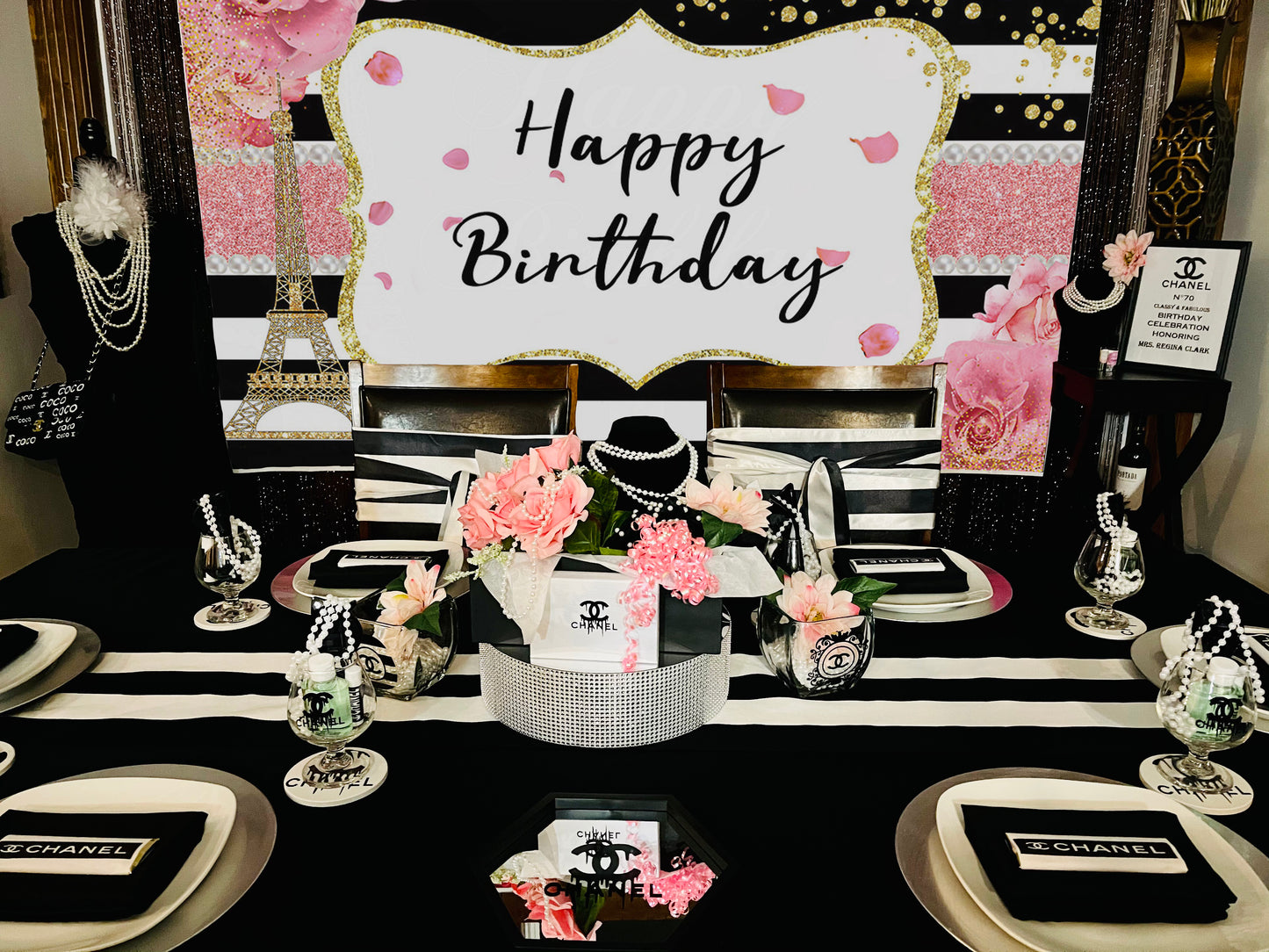 Mocsicka Golden Eiffel Tower Pink Flowers and Stripes Happy Birthday Backdrop-Mocsicka Party