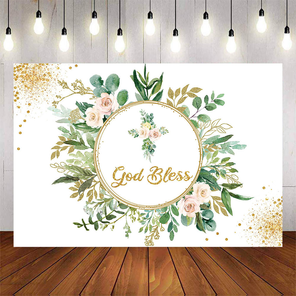 Mocsicka Gold Circle Green Leaves God Bless Baby Shower Backdrop-Mocsicka Party