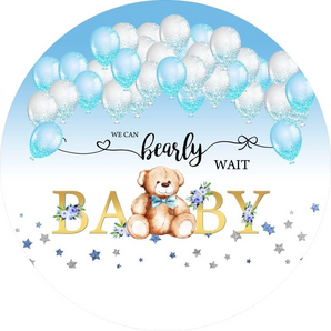 Mocsicka We Can Bearly Wait Bear Boy Baby Shower Round Backdrop Cover