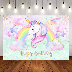[Clearance] Mocsicka Rainbow Unicorn and Clouds Happy Birthday Party Backdrop