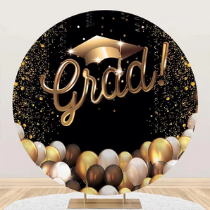 Mocsicka Black and Gold Balloons Grad Round Backdrop Cover for Graduation Party