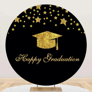 Mocsicka Gold Stars Bachelor's Cap Happy Graduation Round Backdrop Cover for Graduation Party