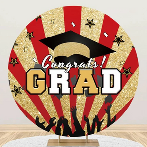 Mocsicka Gold and Red Congrats Grad Round Backdrop Cover for Graduation Party