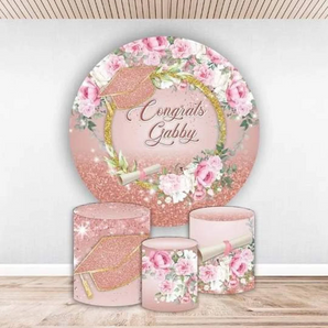 Mocsicka Pink Flowers Congrats Round cover and Cylinder Cover Kit for Graduation Party Decoration