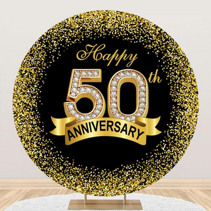 Mocsicka Black and Gold Happy 50th Anniversary Round Backdrop Cover for Party Decoration