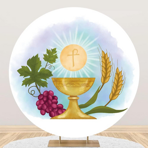 Mocsicka First Communion Grape Wheat Ears Holy Light Grail Round Backdrop Cover