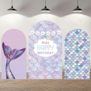 Mocsicka Happy Birthday Baby Mermaid Double-printed Chiara Arch Cover Backdrop