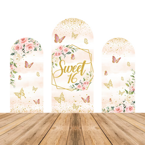 Mocsicka Golden Sweet 16 Butterfly Happy Birthday Party Double-printed Chiara Arch Cover Backdrop