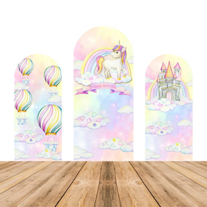 Mocsicka Rainbow Balloon Unicorn Castle Happy Birthday Party Double-printed Chiara Arch Cover Backdrop