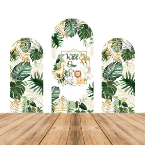 Mocsicka Palm Leafs Baby Animals Wild One Birthday Party Double-printed Chiara Arch Cover Backdrop