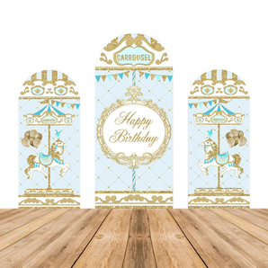 Mocsicka Blue Carousel Happy Birthday Party Double-printed Chiara Arch Cover Backdrop