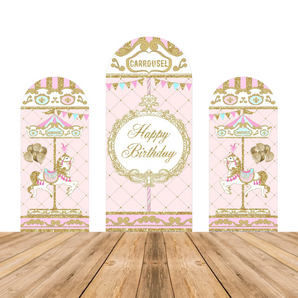 Mocsicka Pink Carousel Happy Birthday Party Double-printed Chiara Arch Cover Backdrop