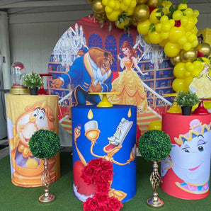 Mocsicka Beauty and The Beast Theme Happy Birthday Round cover and Cylinder Cover Kit for Party Decoration-Mocsicka Party