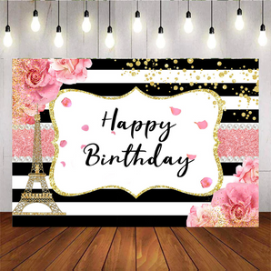 Mocsicka Golden Eiffel Tower Pink Flowers and Stripes Happy Birthday Backdrop