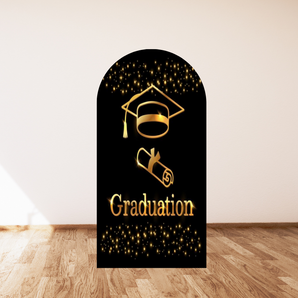 Mocsicka Black and Golden Happy Graduation Double-printed Arch Cover Backdrop