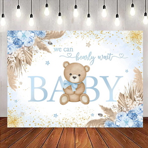 [Clearance] Mocsicka Blue Flowers We Can Bearly Wait Baby Shower Party Backdrop