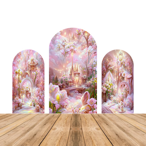 Mocsicka Pink Flower Castle Wonderland Theme Double-printed Chiara Cover Backdrop for Party Decoration