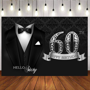 Mocsicka Black Suit Hello Sixty Happy Birthday Party Backdrop