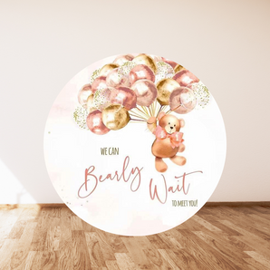 Mocsicka Light Pink We Can Bearly Wait to Meet You Round Backdrop Cover for Baby Shower Party