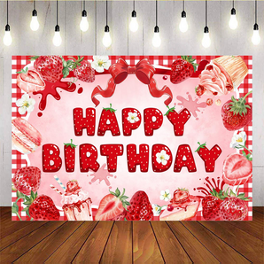 Mocsicka Red Strawberry And Small Cake Happy Birthday Backdrop