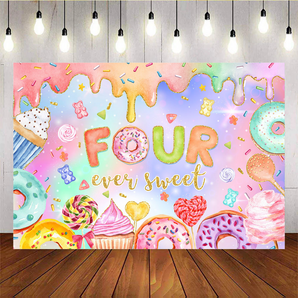 Mocsicka Donut Cake Four Ever Sweet  Birthday Backdrop